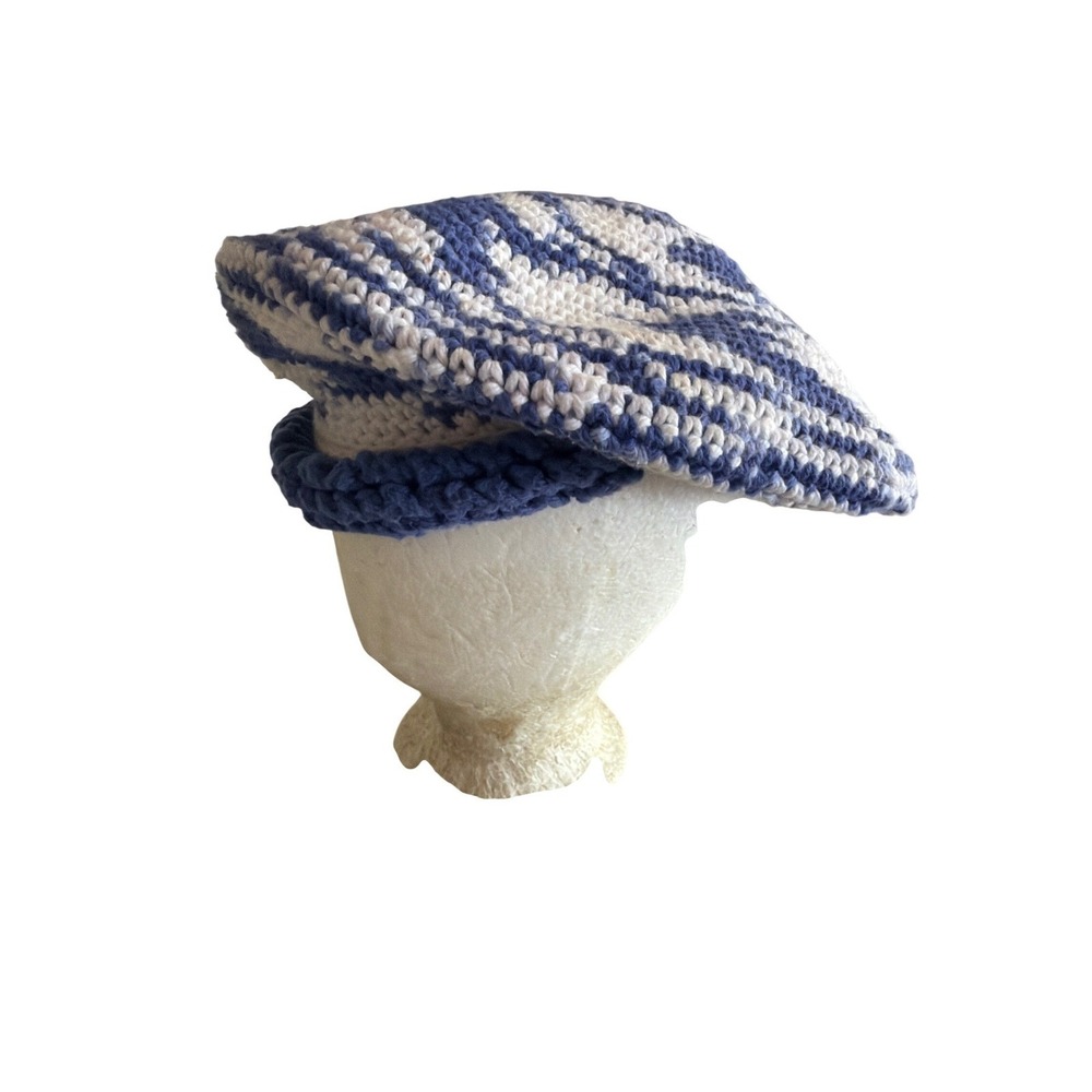 Handmade‎ Crochet Beret Blue White Swirl Spiral Slouchy Knit Tam Hat